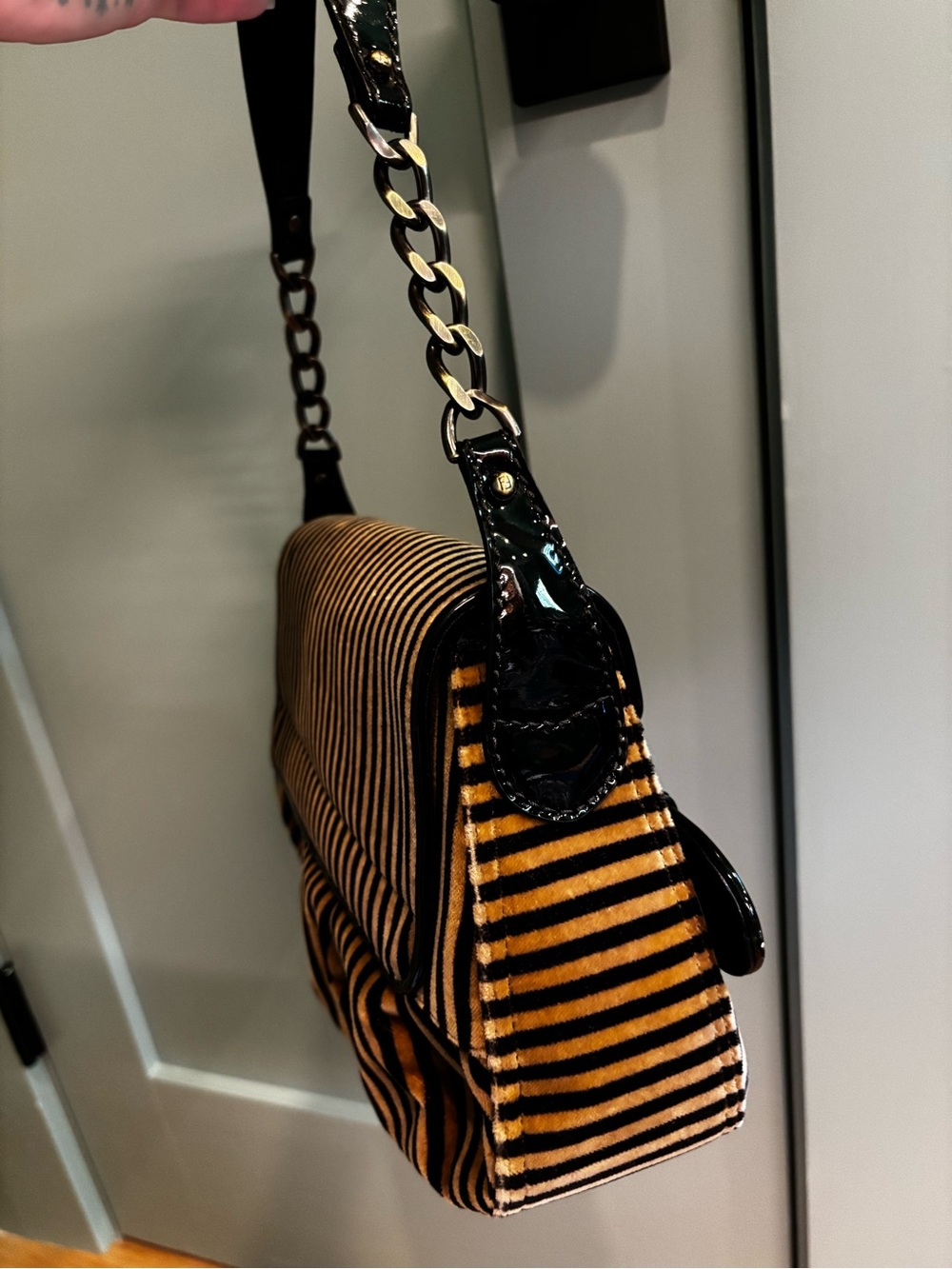 FENDI Pony Hair Stripe Leopard Baguette Shoulder Bag Patent Leather Rare - Picture 15 of 16
